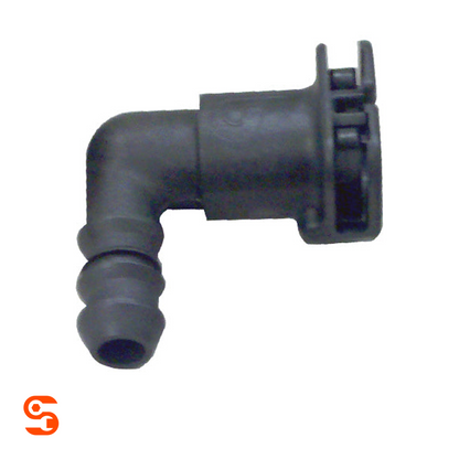 Black plastic 90-degree fuel line quick disconnect fitting with ribbed hose end