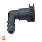 Black plastic 90-degree fuel line quick disconnect fitting with ribbed hose end