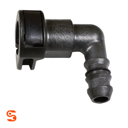 Black plastic 90° quick disconnect fuel line bend with 3/8" female connector and ribbed hose end