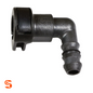 Black plastic 90° quick disconnect fuel line bend with 3/8" female connector and ribbed hose end