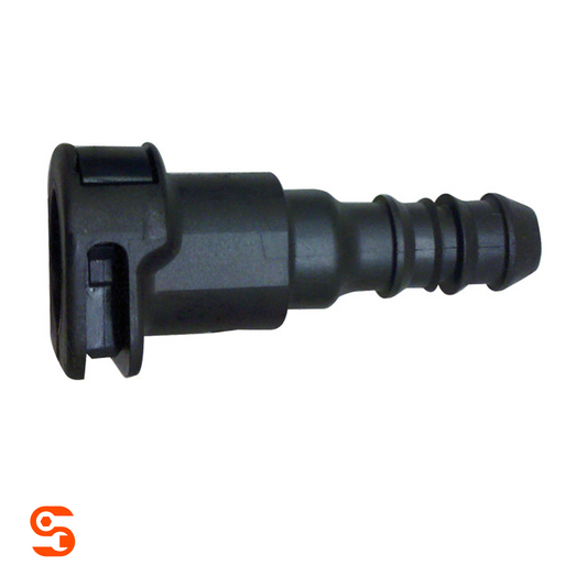 Black plastic straight quick disconnect fuel line adapter with female 3/8 inch connection and ribbed hose barb