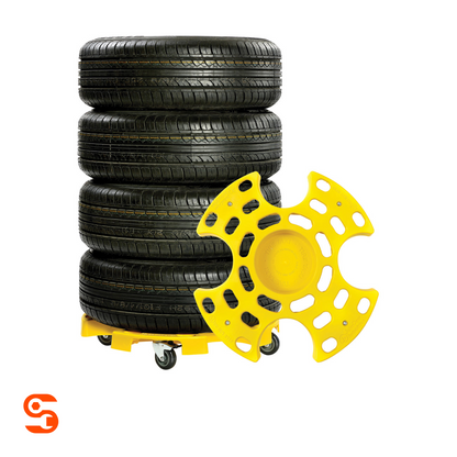 Yellow Tire Taxi transport accessory with four stacked black tires on a wheeled base