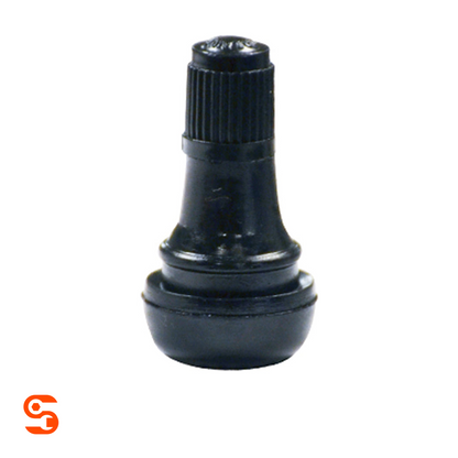 Black rubber tubeless snap-in valve with ribbed cap, shown as a single piece