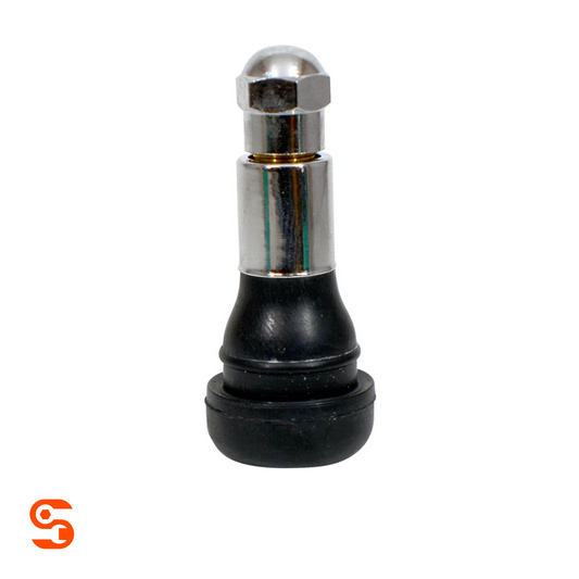 Black EDPM rubber tubeless snap-in valve with chrome metal stem and cap, shown upright