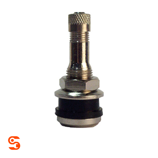 Chrome plated bolt-in flush mount truck valve with threaded stem, hex nut, washer, and black rubber base