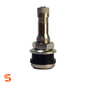 Chrome plated bolt-in flush mount truck valve with threaded stem, hex nut, washer, and black rubber base