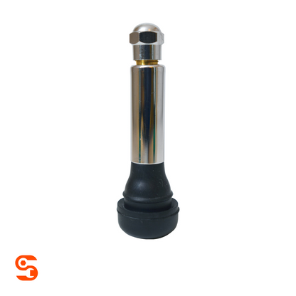 Black rubber tubeless snap-in valve with chrome sleeve and cap, shown as a single piece