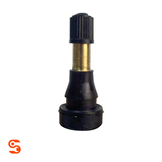 Black rubber snap-in tubeless valve with brass stem and black cap, box of 50