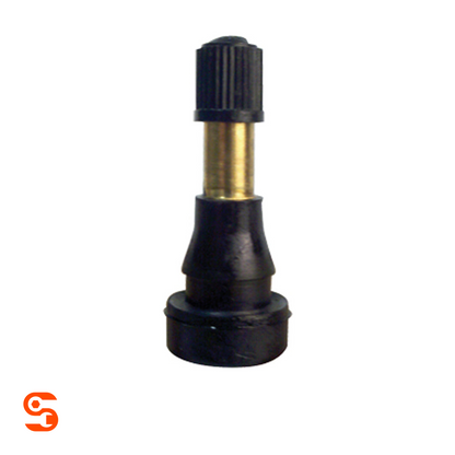 Black rubber snap-in tubeless valve with brass stem and black cap, box of 50