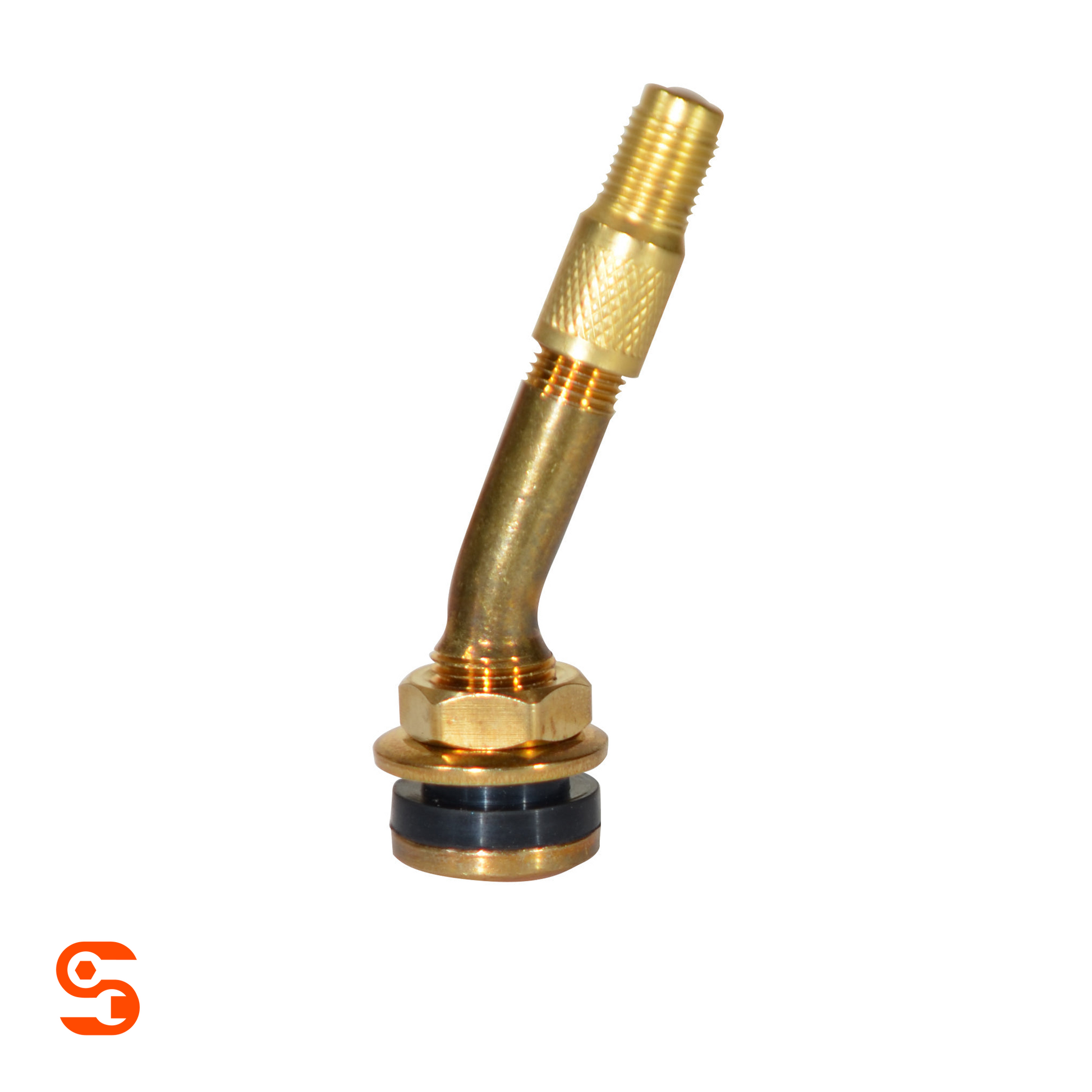 Angled brass tire valve stem with hex nut, black rubber base, threaded tip, and knurled cap