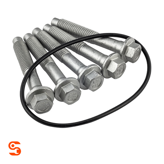 Five silver steel serrated hub bolts with hex heads and black O-ring on a white background