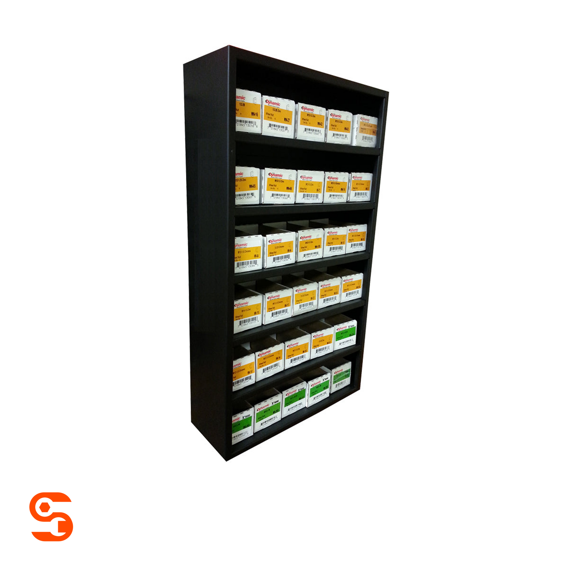 Black wheel hardware cabinet with multiple shelves of labeled white parts boxes, 152-piece assortment