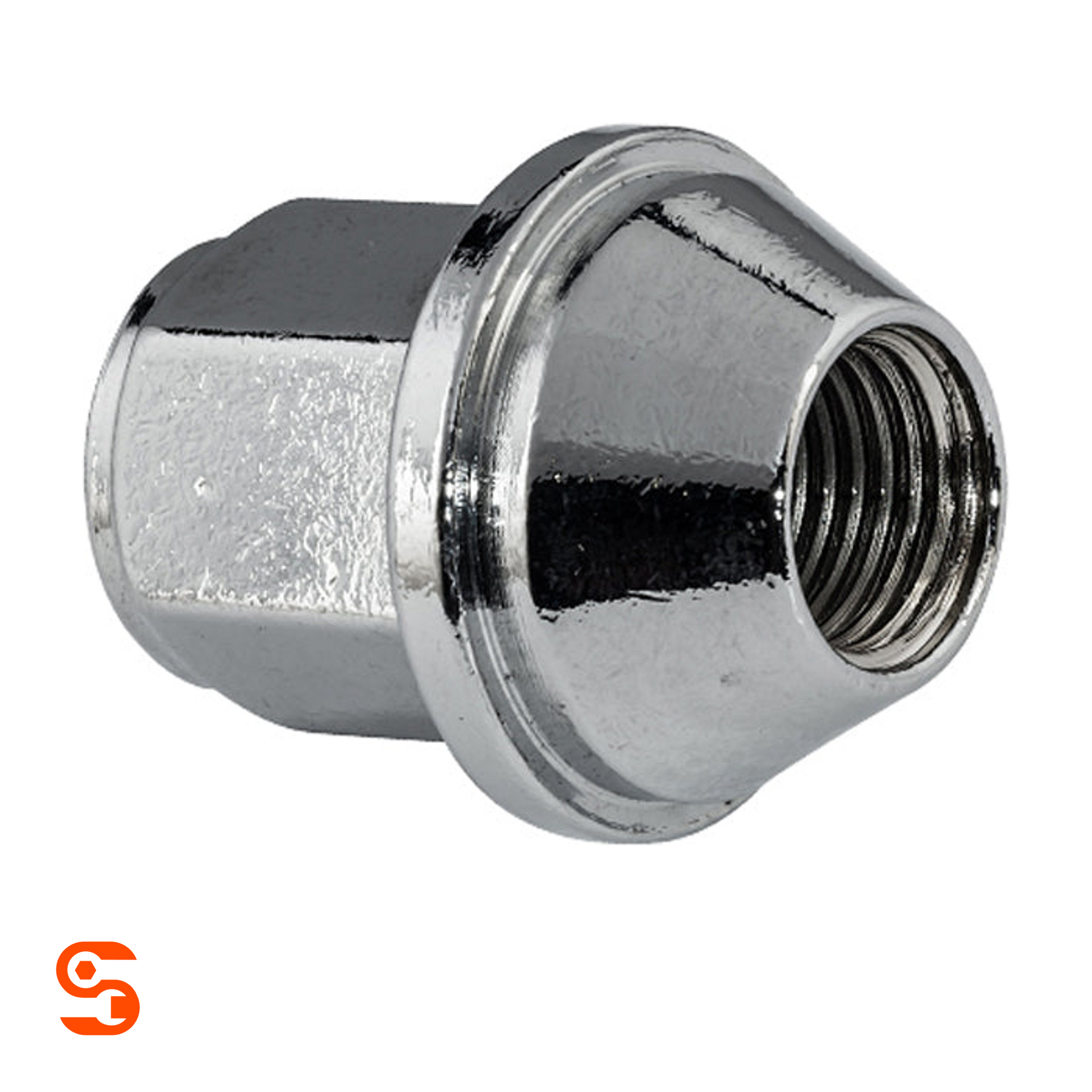 Chrome plated steel acorn dometop wheel lug nut with internal threads and 21mm hex body