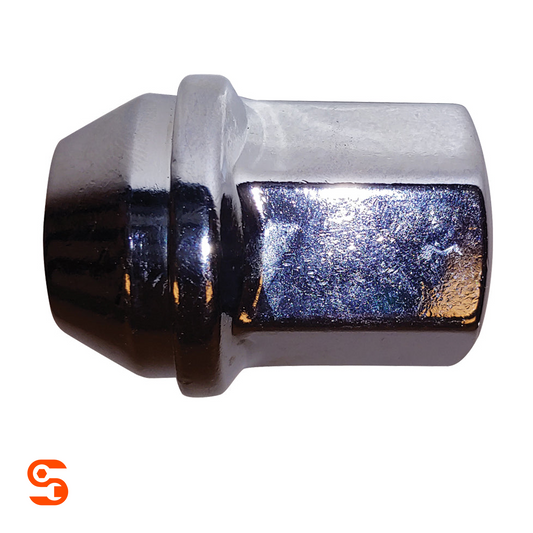 Chrome plated steel acorn dometop wheel lug nut, single piece with hex body and capped end