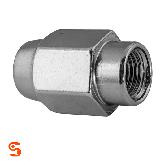 Chrome plated steel mag wheel lug nut with extended threaded dometop cap and hex body