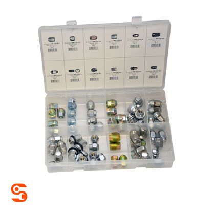 Steel wheel lug nut assortment in a clear plastic organizer case with 12 labeled compartments and assorted metal nuts