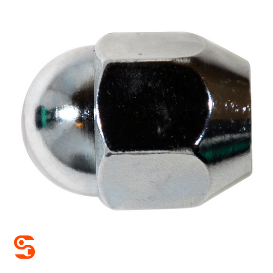 Chrome plated steel acorn dometop wheel lug nut with hex sides, single piece