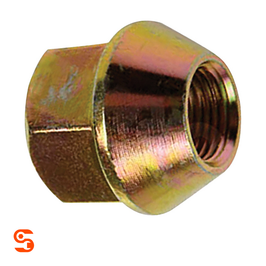 Zinc plated steel acorn bulge open end wheel lug nut with hex base and internal threads