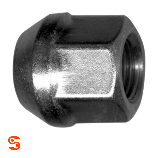 Zinc plated steel acorn bulge open-end wheel lug nut with hex sides and threaded opening