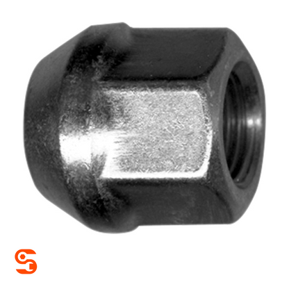 Zinc plated steel acorn bulge open-end wheel lug nut with hex sides and threaded opening