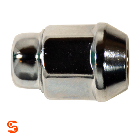 Chrome plated steel acorn bulge dome top wheel lug nut, single piece with polished reflective finish