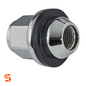 Chrome plated steel dometop cap wheel lug nut with black washer and internal threading