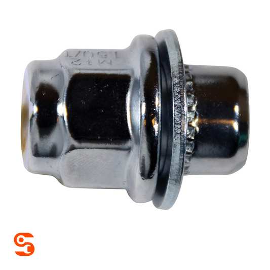 Chrome plated steel mag wheel lug nut with dometop cap, hex body, washer, and threaded shaft