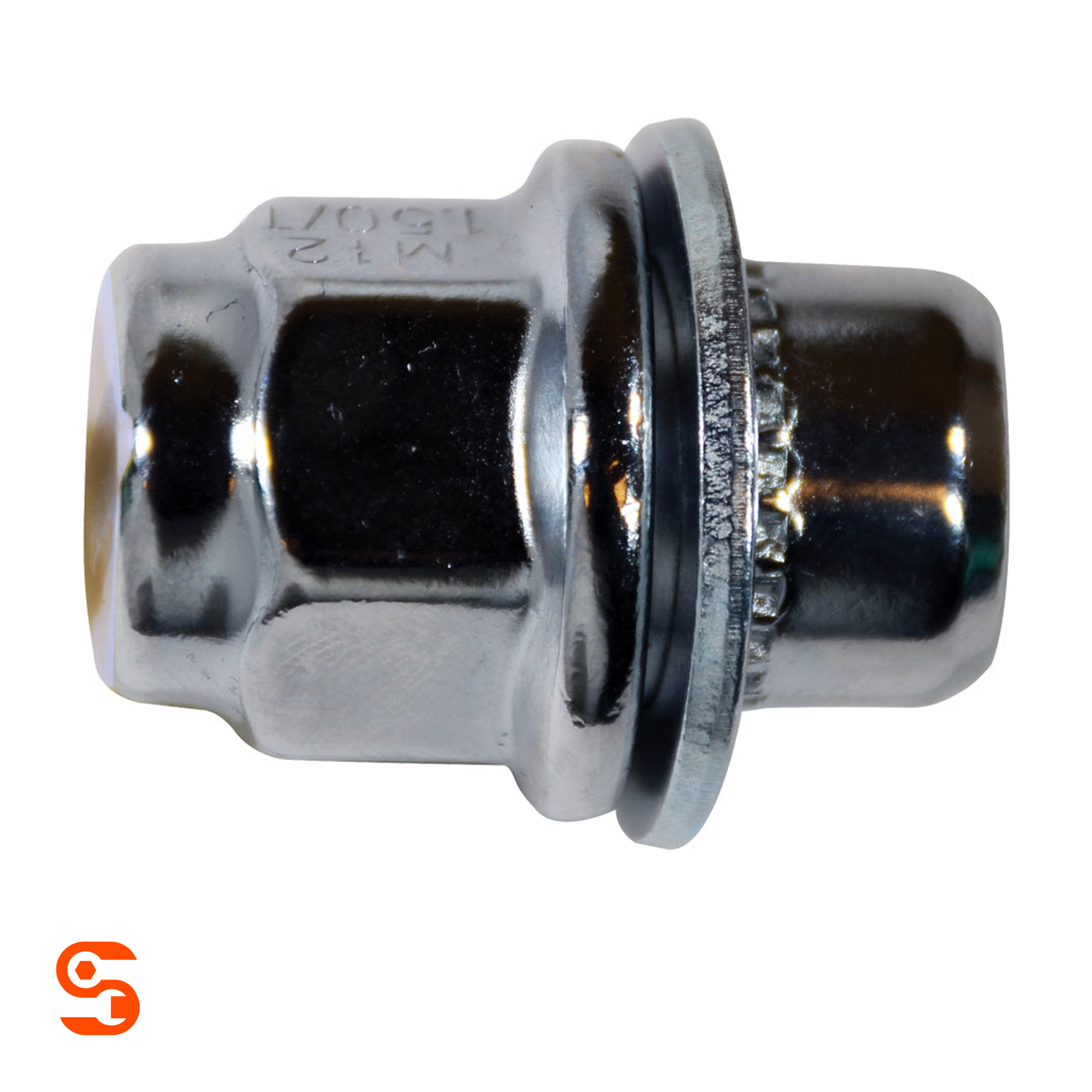 Chrome plated steel mag wheel lug nut with dometop cap, hex body, washer, and threaded shaft