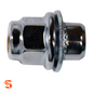 Chrome plated steel mag wheel lug nut with dometop cap, hex body, washer, and threaded shaft