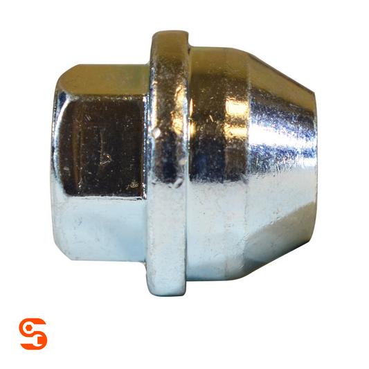 Chrome plated steel acorn flattop wheel lug nut with hex base and tapered cap, single piece