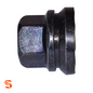 Black coated steel flanged flat top lug nut with hex body and cap, single piece