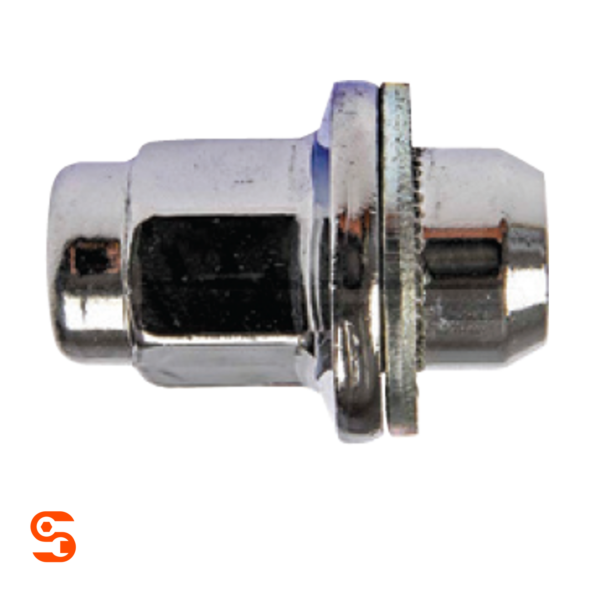 Chrome steel mag wheel lug nut with extended thread, domed cap, 22mm hex, and 46mm length