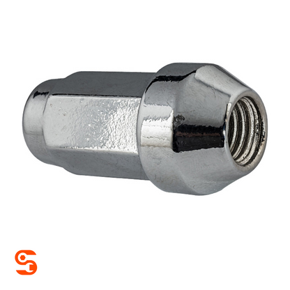Chrome plated steel acorn bulge dome top wheel lug nut with internal threading, single piece