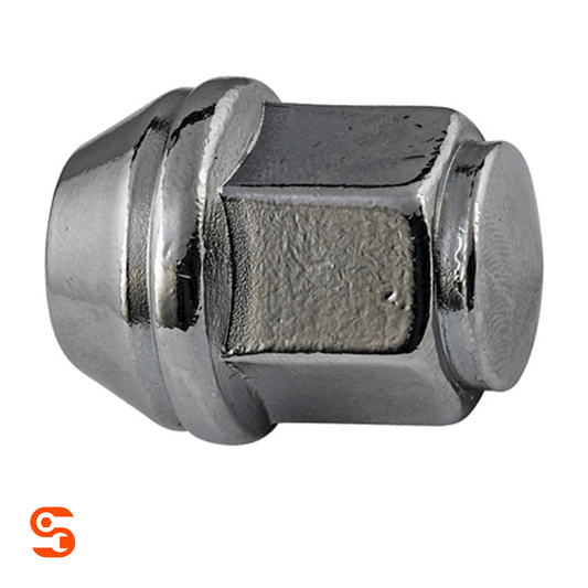 Chrome plated steel acorn dometop wheel lug nut with hex body and capped rounded end