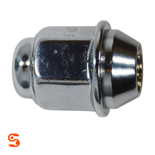 Chrome plated steel acorn flange lug nut with domed cap and hex body