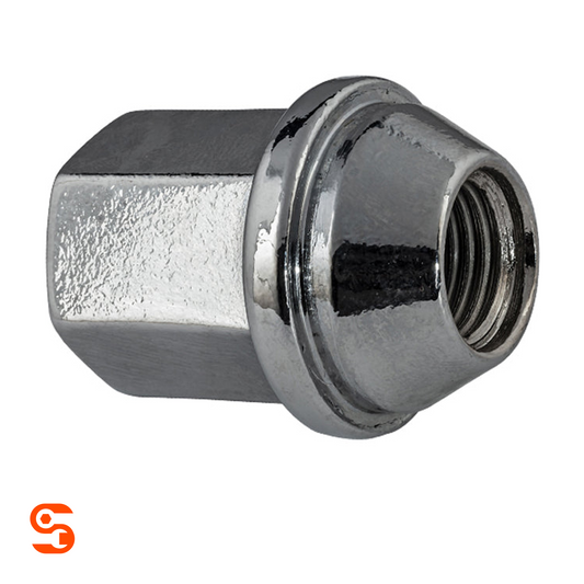 Chrome plated steel acorn flattop wheel lug nut with hex body and internal threading