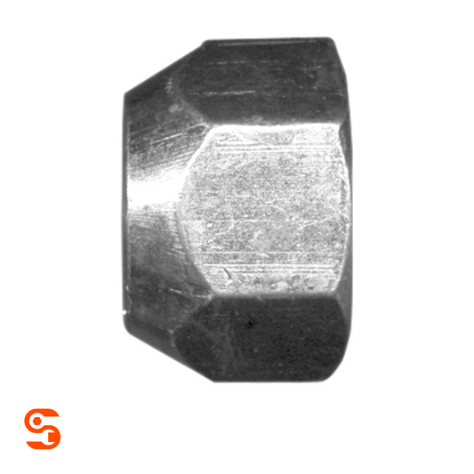 Zinc plated steel acorn open end wheel lug nut with hex sides and tapered seat