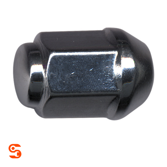 Chrome plated steel acorn dometop wheel lug nut with hex body and rounded capped end