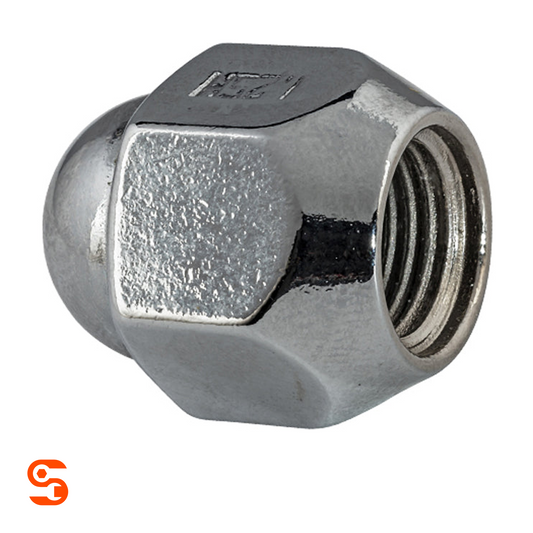 Chrome plated steel acorn dome top wheel lug nut with internal threading and hex sides
