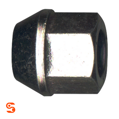 Zinc plated steel acorn bulge open end wheel lug nut with hex sides and tapered seat