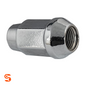 Chrome plated acorn dometop steel wheel lug nut with hex sides and visible internal threading
