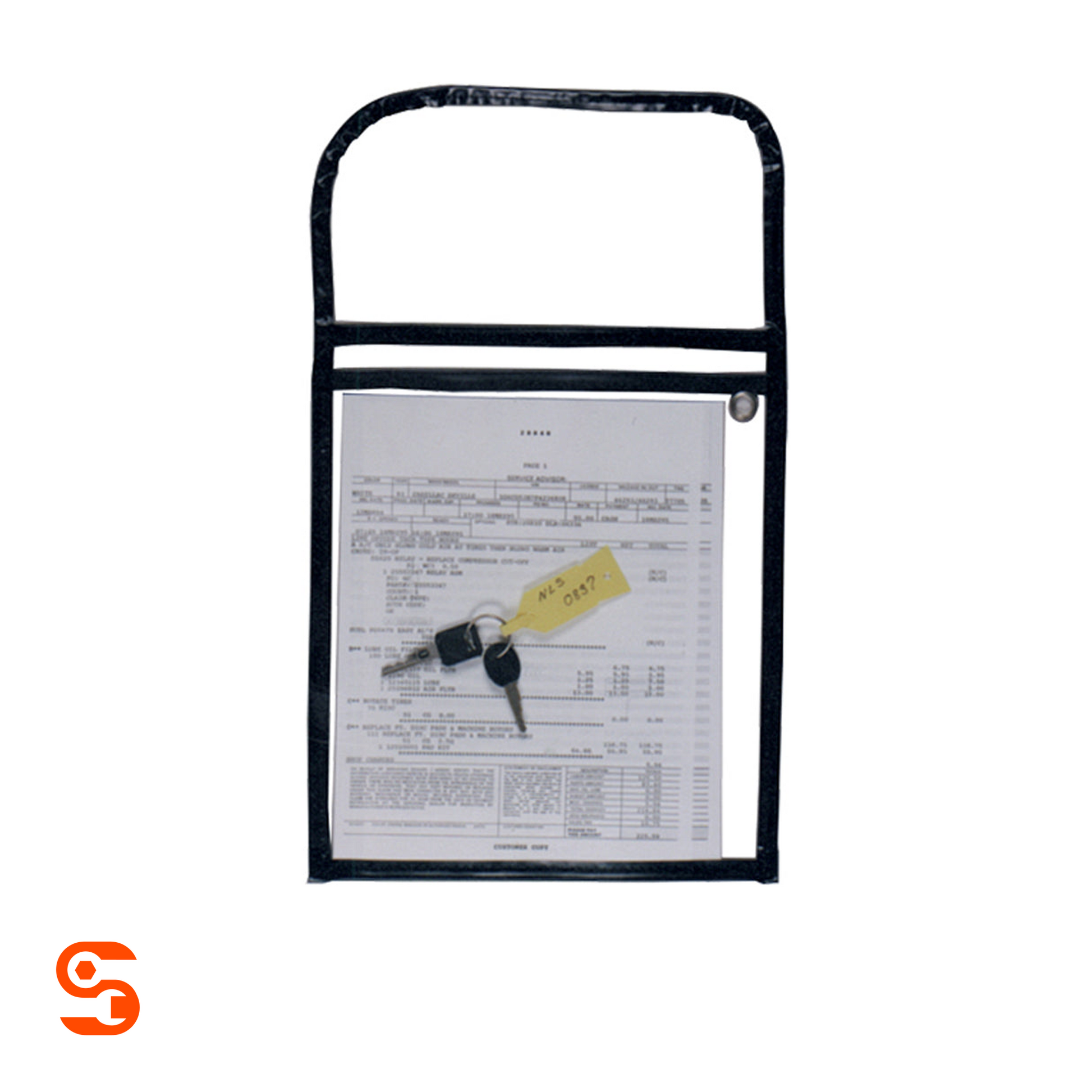 Black transparent vinyl vehicle information file with top flap, hanging strap, and metal snap fastener