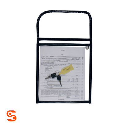 Black transparent vinyl vehicle information file with top flap, hanging strap, and metal snap fastener