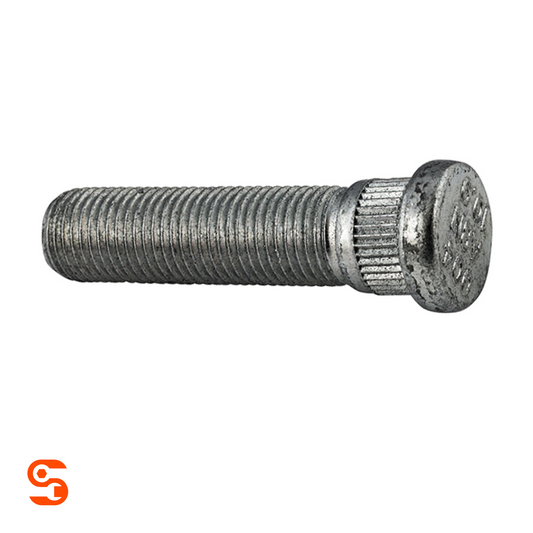 Silver steel serrated wheel stud with threaded shaft and round head on a white background