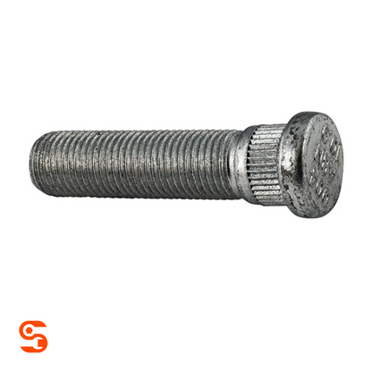 Silver steel serrated wheel stud with threaded shaft and round head on a white background