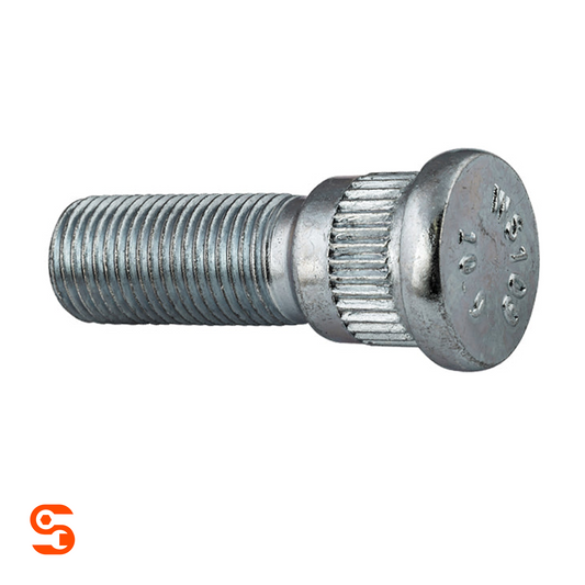 Silver steel serrated wheel stud with threaded shaft and round head, 1/2-20 thread, single piece