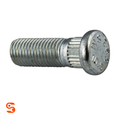 Single silver steel serrated wheel stud with threaded shank, knurled shoulder, and round marked head