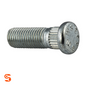 Single silver steel serrated wheel stud with threaded shank, knurled shoulder, and round marked head