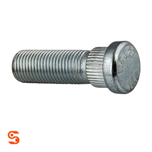 Steel serrated wheel stud with threaded shaft, knurled section, and round head in silver metal