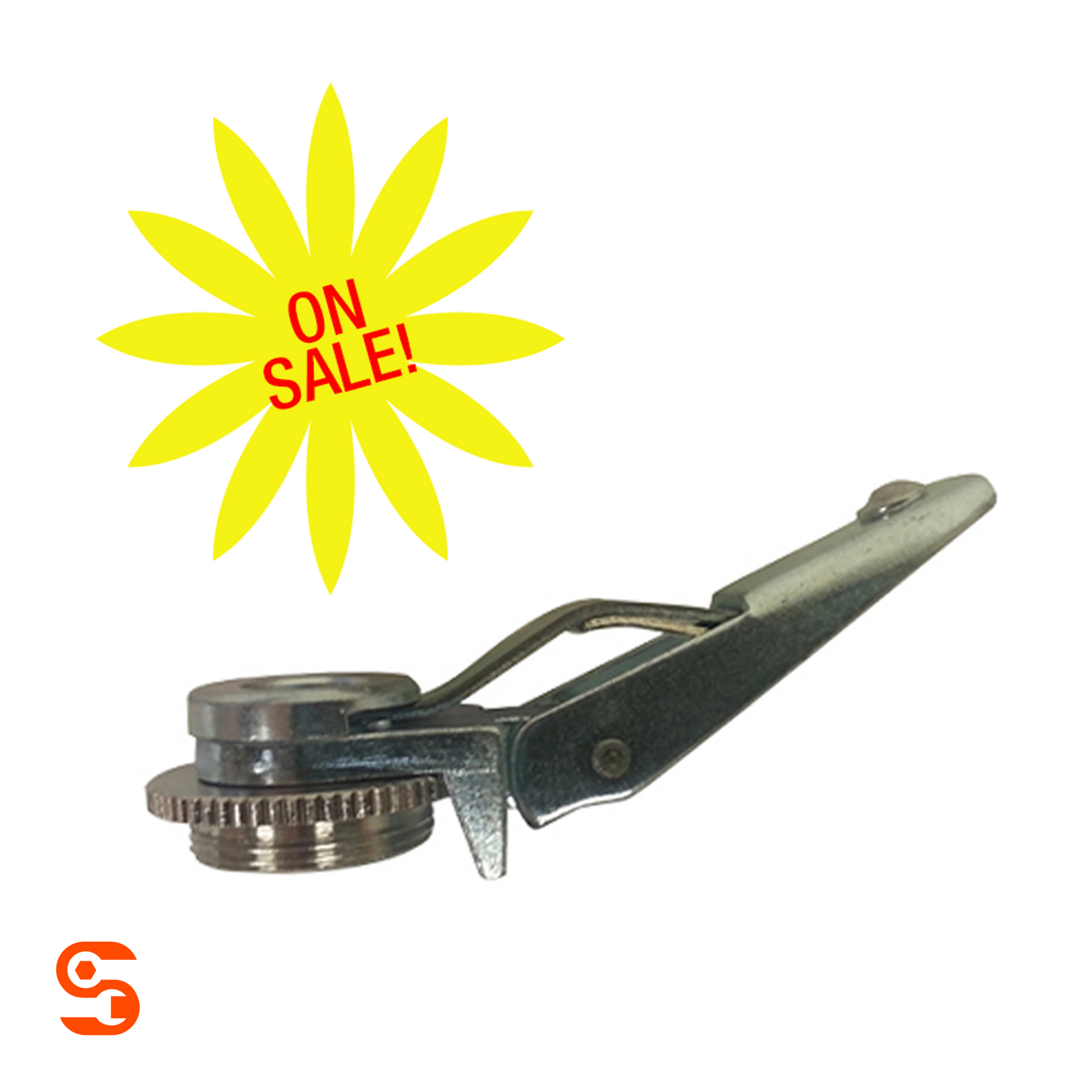 Metal air chuck clip with angled lever and round threaded chuck on white background
